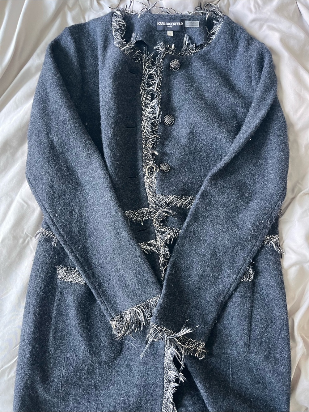 Karl Lagerfeld Charcoal Fringe-Trim Wool-Blend Cardigan/Coat